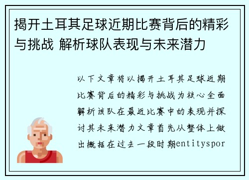 揭开土耳其足球近期比赛背后的精彩与挑战 解析球队表现与未来潜力